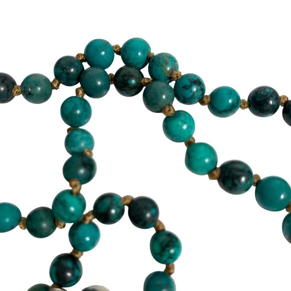 Round Turquoise Beaded Necklace w/ Brown Thread Knotted Accents, Silver Clasp - Picture 4 of 4